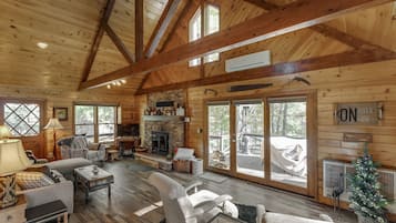 Smart TV, fireplace, books