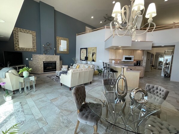 Smart TV, fireplace, DVD player, books