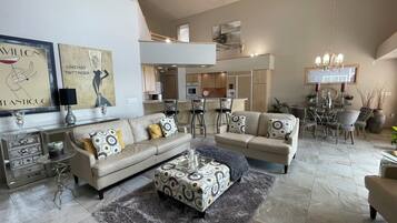 Smart TV, fireplace, DVD player, books