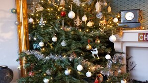Un árbol de Navidad adornado con adornos y luces, un espejo y una chimenea con un reloj.