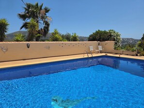 A clear blue pool with a ladder, surrounded by palm trees and a view of a mountain.