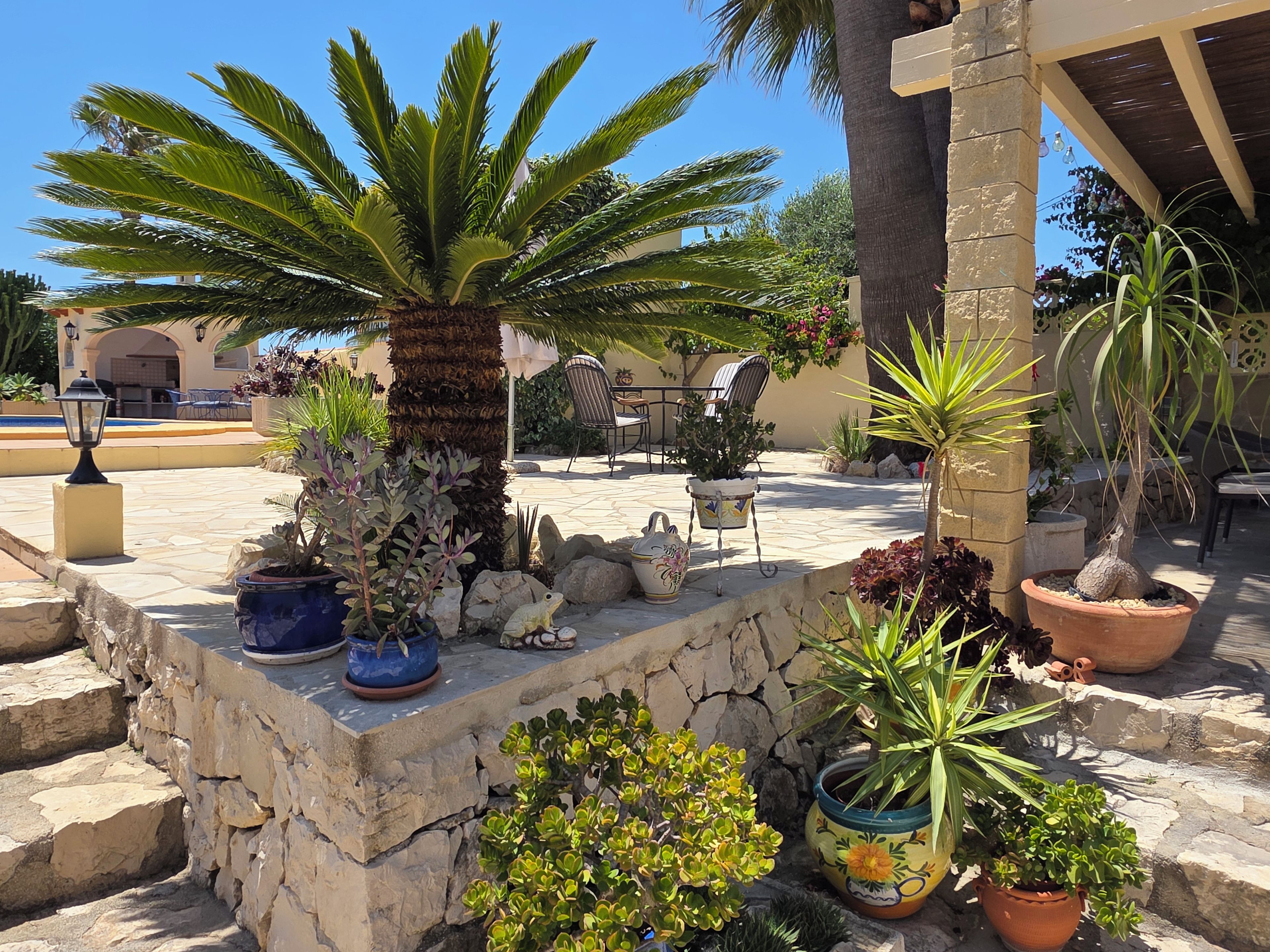 A patio area with stone steps, potted plants, outdoor furniture, and a pool in the background.