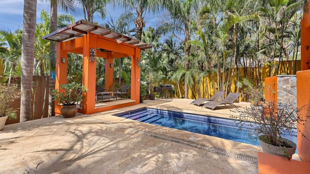 Un espace piscine agrémenté d’une pergola, de chaises longues et de plantes tropicales.