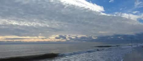 On the beach, sun loungers