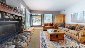 TV, fireplace, DVD player, foosball