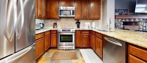 Fridge, microwave, oven, dishwasher