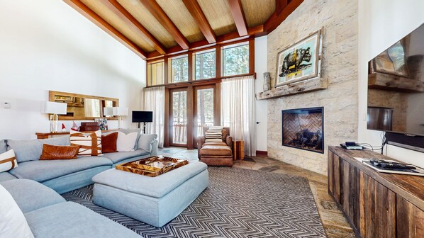 Télévision, cheminée, lecteur de DVD, chaîne hi-fi