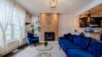 Smart TV, fireplace, books