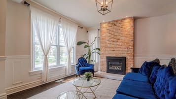 Smart TV, fireplace, books