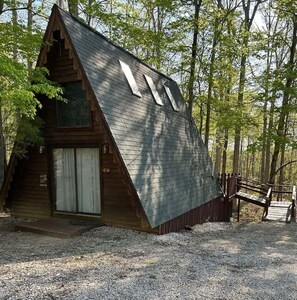Une cabane en bois avec un toit en pente, une fenêtre et une porte.