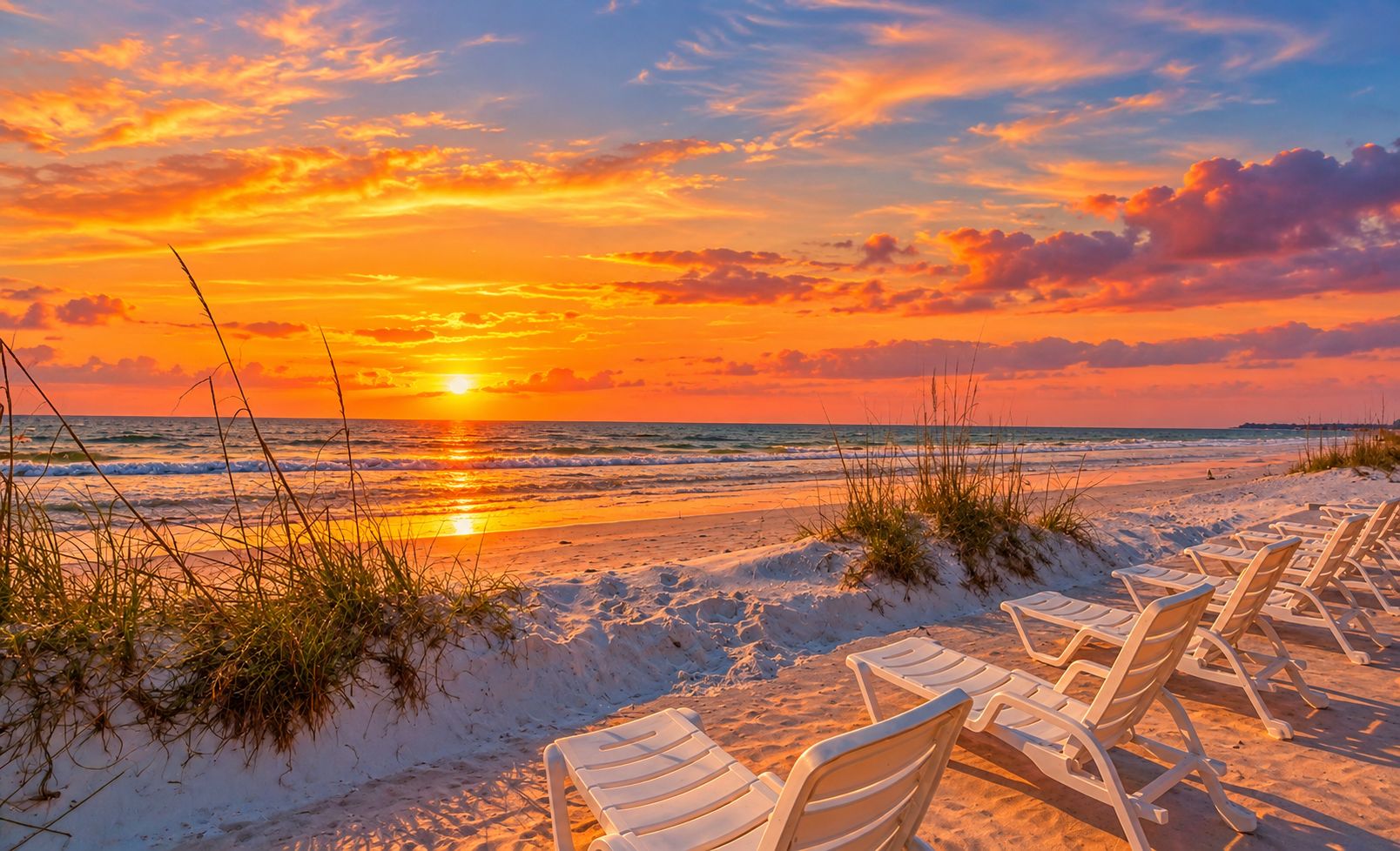 A beach with white lounge chairs and a sunset.