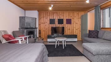 Una habitación acogedora con chimenea, televisor, sofá y cama.
