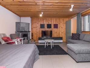 Een gezellige kamer met een open haard, een televisie, een bank en een bed.