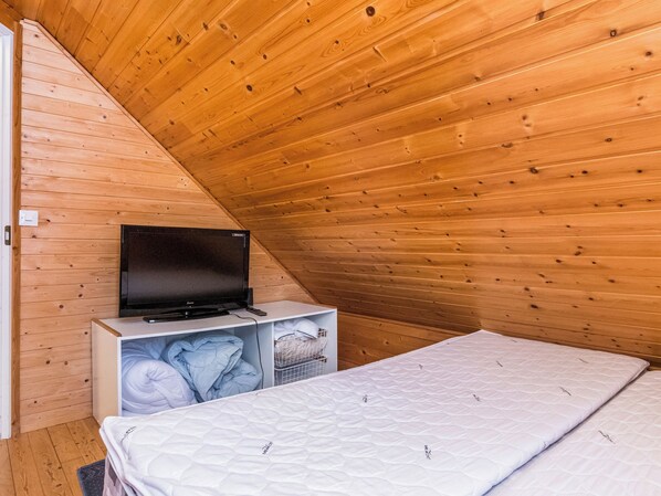 Una habitación pequeña y acogedora con techo inclinado, una cama, un televisor sobre un mueble bajo y un armario.