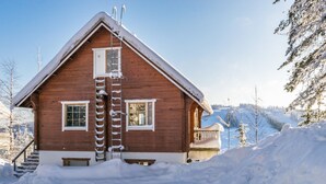 A wooden cabin with a steep roof, a ladder leading to the attic, and a snow-covered landscape.