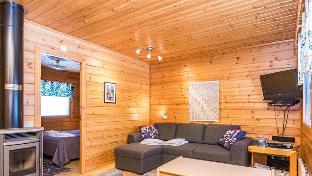 A cozy cabin interior with a sofa, a small table, a fireplace, and a television.