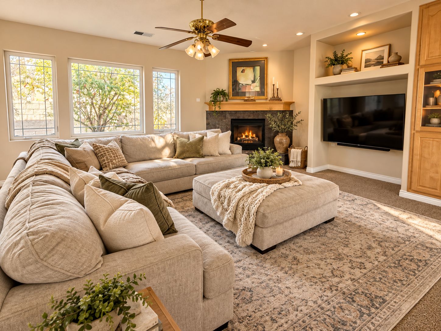A living room with a sectional sofa, a fireplace, a television, and a ceiling fan.