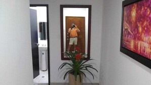 Um corredor com uma planta em vaso, um espelho emoldurado e um quadro na parede.