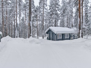 A cabin surrounded by snow-covered trees.