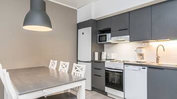 Fridge, microwave, dishwasher, cookware/dishes/utensils