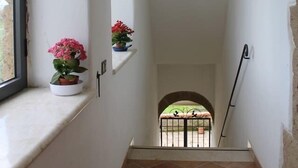 Un escalier étroit avec une fenêtre sur le côté gauche, une petite étagère avec un pot de fleurs, et une vue sur un espace extérieur en contrebas.