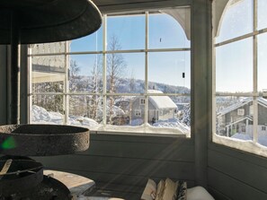 Een kamer met een groot raam met uitzicht op een besneeerd landschap, een open haard en een rustiek interieur.