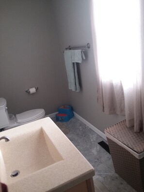 Een badkamer met een wastafel, toilet en een handdoekhouder.