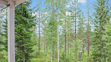 A covered outdoor area with a wooden deck, surrounded by a forest of tall trees.