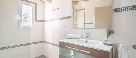 Shower, hair dryer, towels