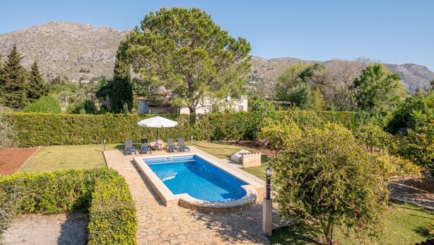 A swimming pool with lounge chairs and umbrellas, surrounded by hedges and trees, with mountains in the background.