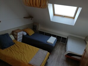 2 bedrooms, desk, iron/ironing board, travel crib