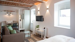 Een moderne kamer met een bed, een bank, een bureau, een televisie en een raam.