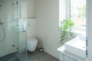 Shower, hair dryer, towels, soap