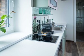 Une cuisine moderne dotée d’une cuisinière intégrée, d’un évier et d’une douche avec une porte en verre.