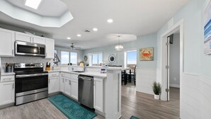 A modern kitchen with white cabinetry, stainless steel appliances, and a central island.