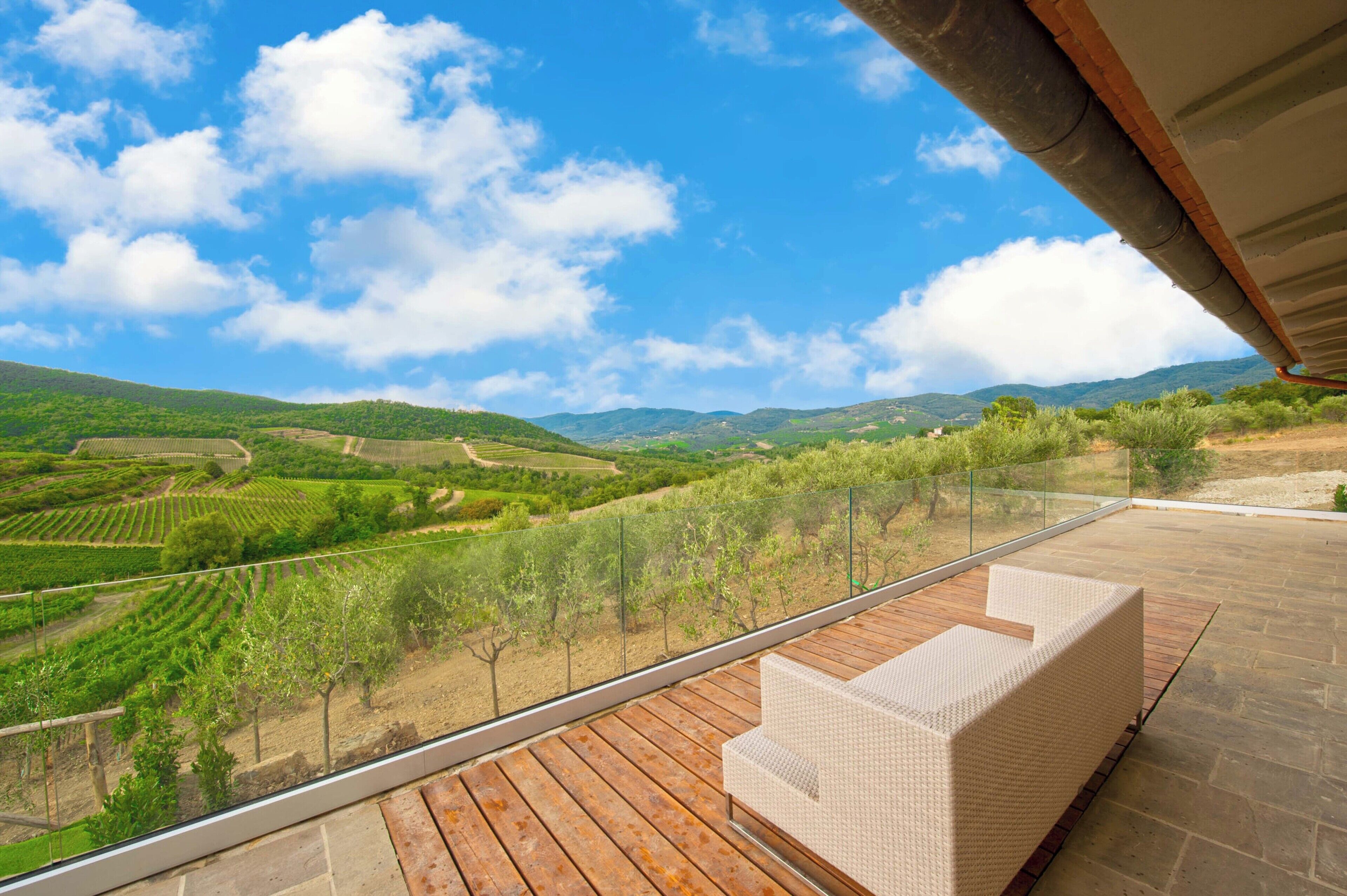 A balcony with a view of a vineyard and distant hills.