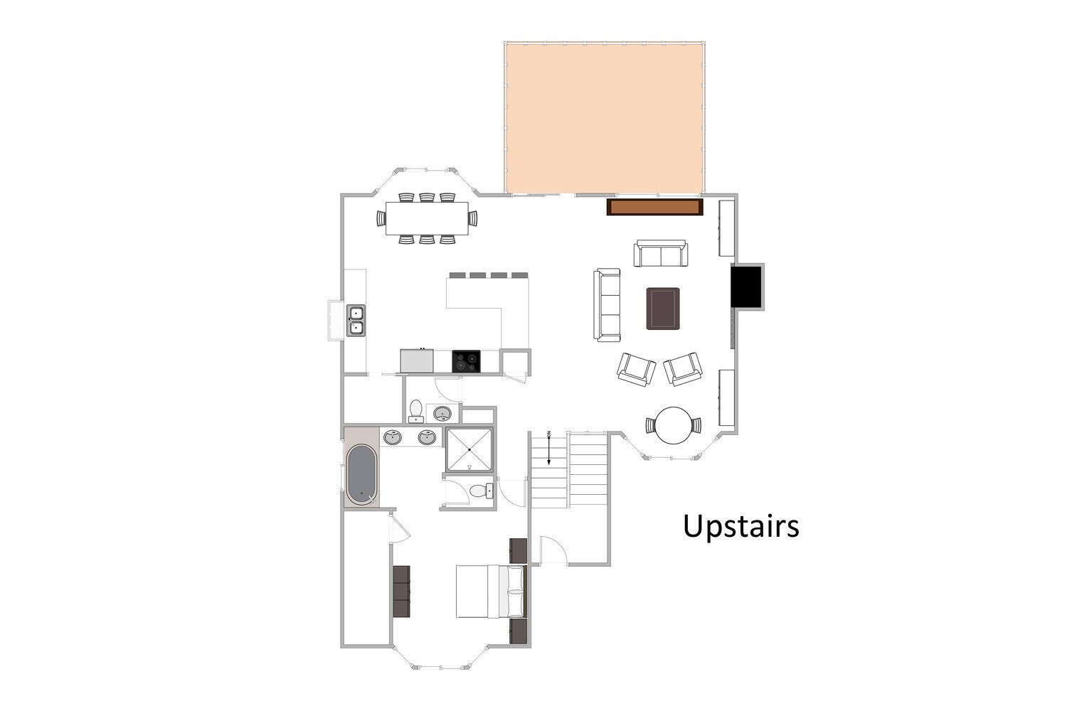 A hotel room layout with a living area, kitchenette, bathroom, and a small balcony.