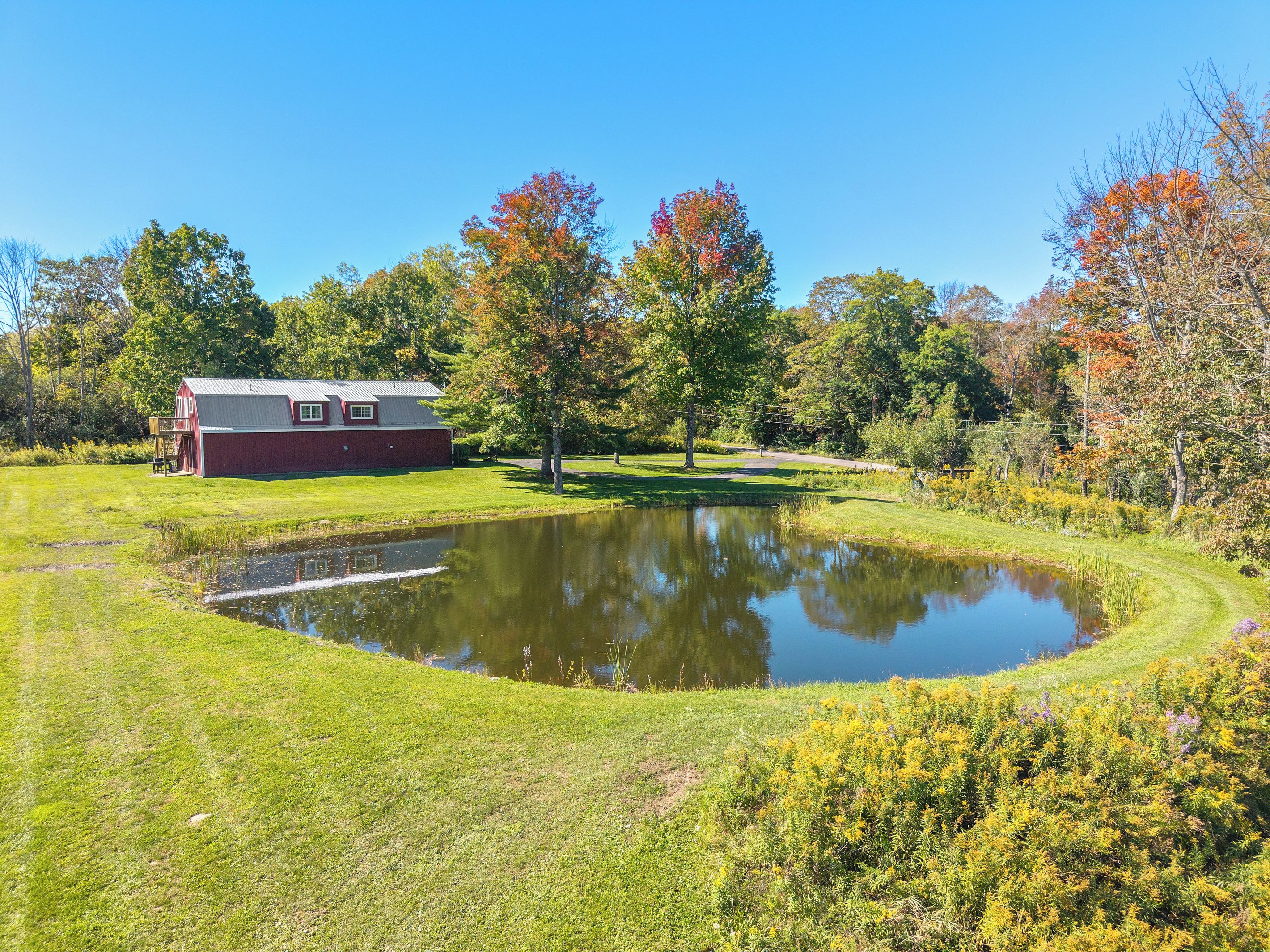 A red barn with a metal roof, a pond, and a grassy area with trees.