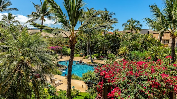 A pool surrounded by palm trees and lush greenery, with a clear blue sky above. - Maui Kamaole #L-203 Full Ocean View, A/C Throughout, Wifi, Great Location (Kihei)