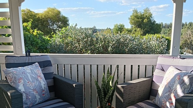 A covered outdoor seating area with wicker furniture and a potted plant. - Moonlight Studio- Nannup's favourite accommodation.  (Nannup)