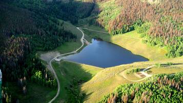 An aerial view of a forested valley with a lake, a winding road, and a small building near the water's edge.