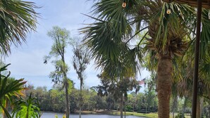 A view from a porch overlooking a lake, with a golf cart on the road and a flag in the background. - HUGE 4 BR/3 BATH Villa 15 minute walk to Beach (3 min walk to the pool) (Hilton Head Island)