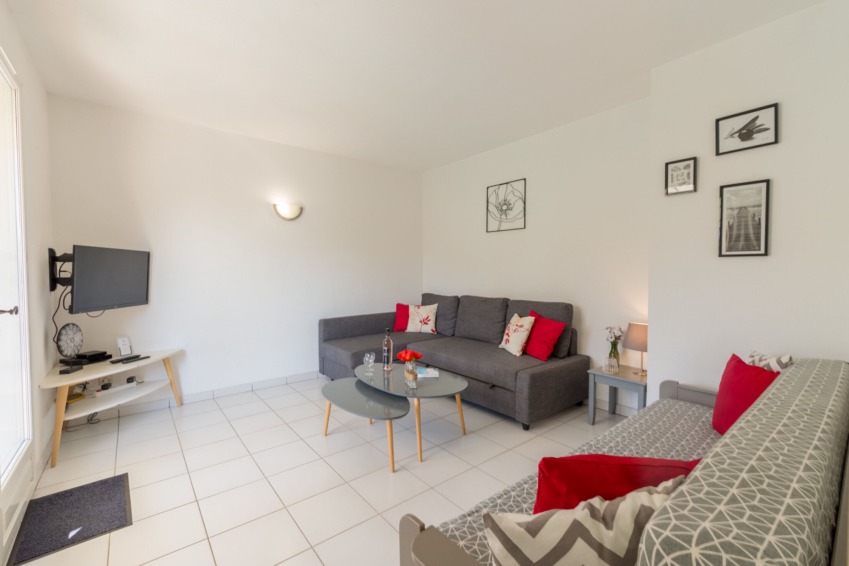 A modern living room with a grey sofa, a coffee table, a TV, and artwork on the walls.