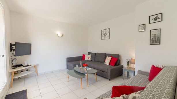 A modern living room with a grey sofa, a coffee table, a TV, and artwork on the walls.