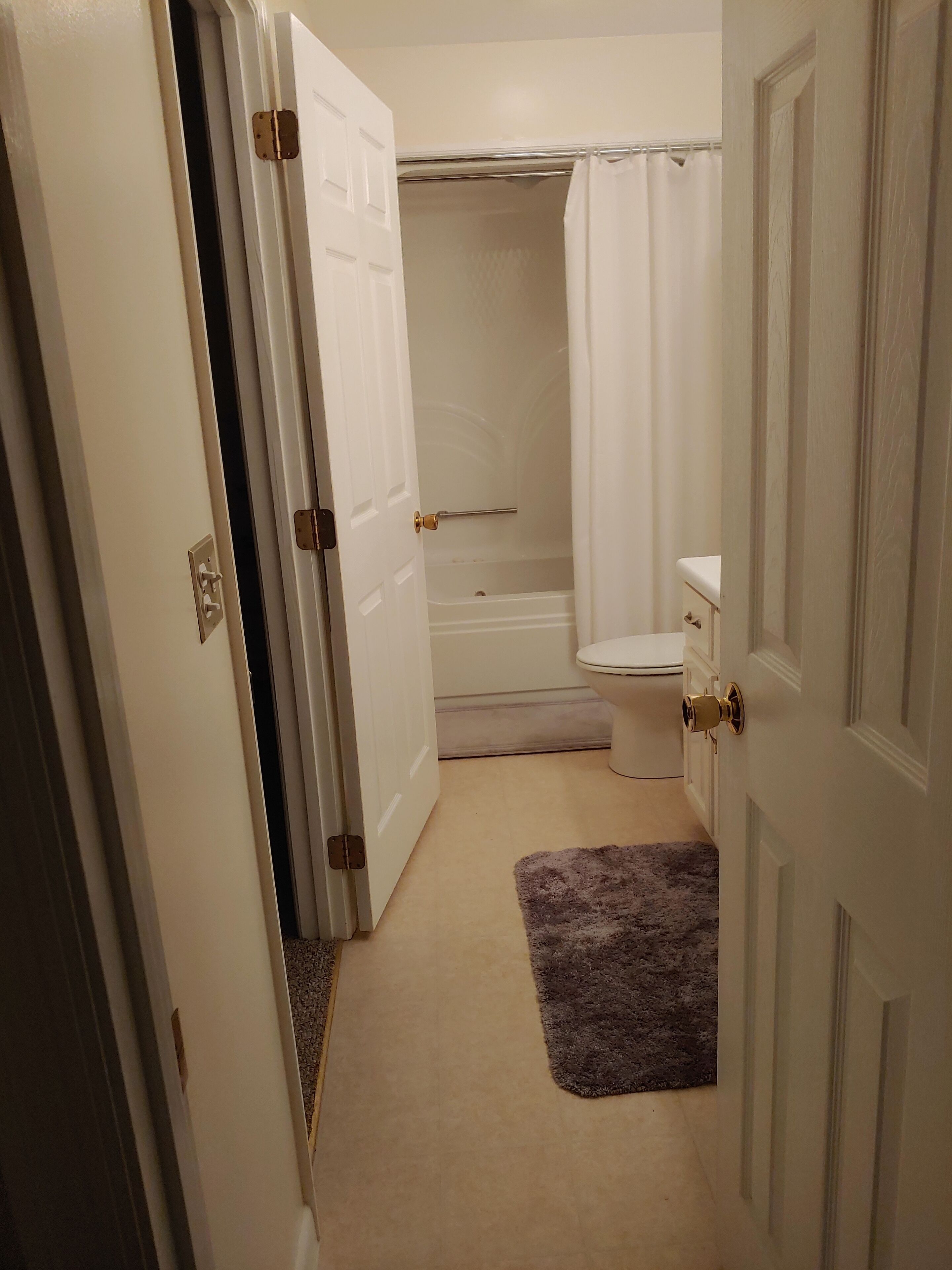 bathroom accessable from hall and master