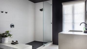 A modern bathroom with a glass-enclosed shower, a white vanity with a sink, and a potted plant.