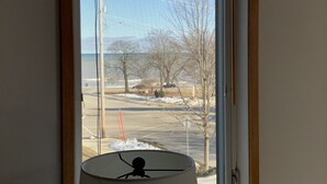 A window with a view of a snowy landscape, bare trees, and a street with parked cars. - BEACHVIEW GETAWAY (Sheboygan)