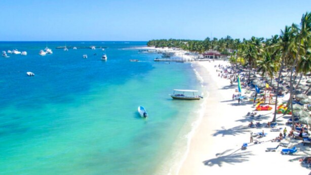 Een strand met helder turquoise water, een zandstrand en palmbomen.