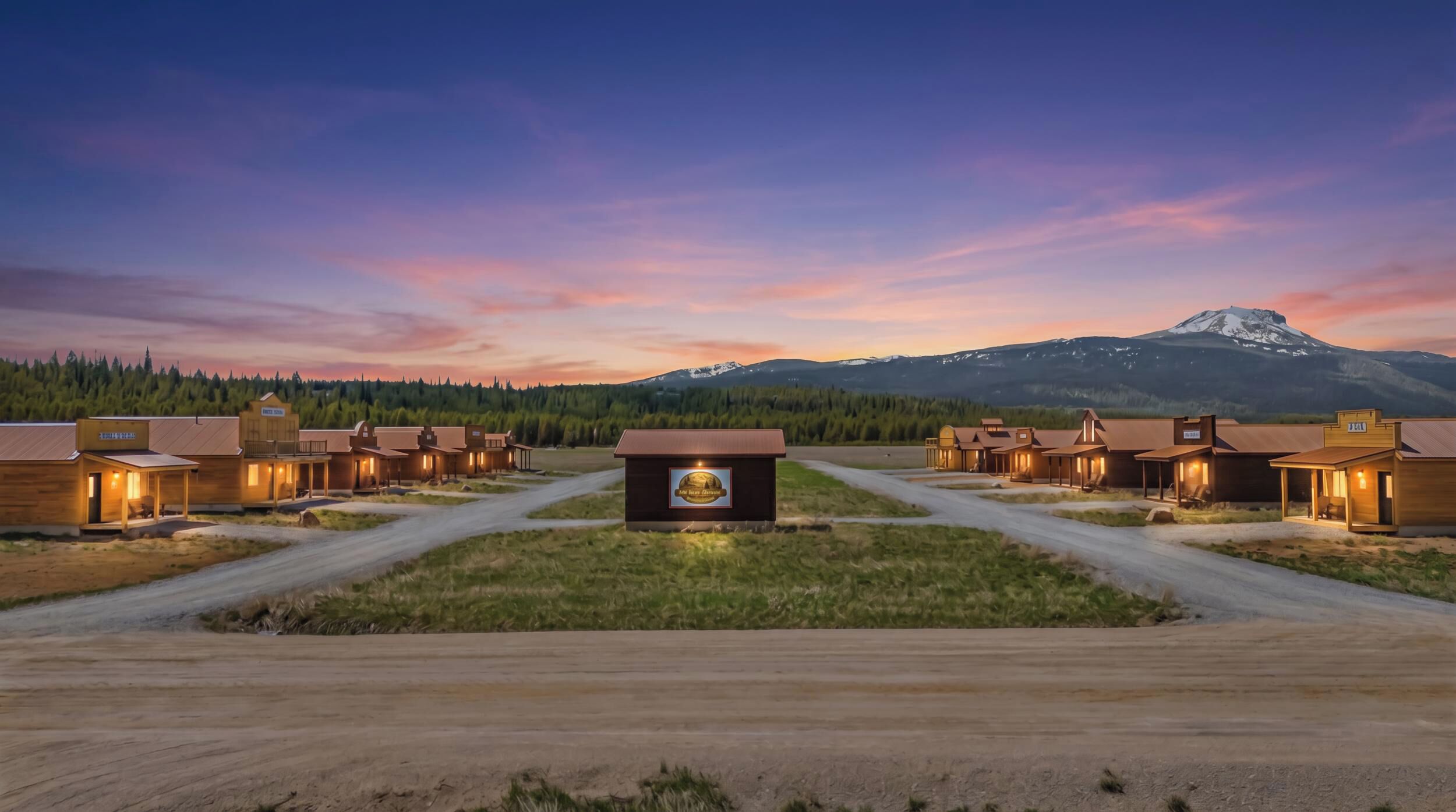 Une rangée de chalets en bois, avec un bâtiment central, le tout entouré d’une forêt et avec une montagne en arrière-plan.