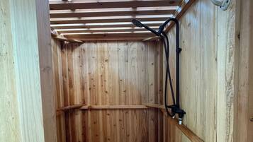 Combined shower/bathtub, hair dryer, towels, soap